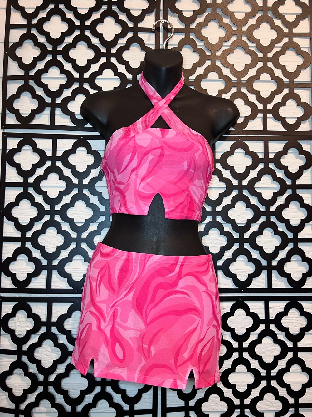 Pink Halter Crop Top and Mini Skirt Set